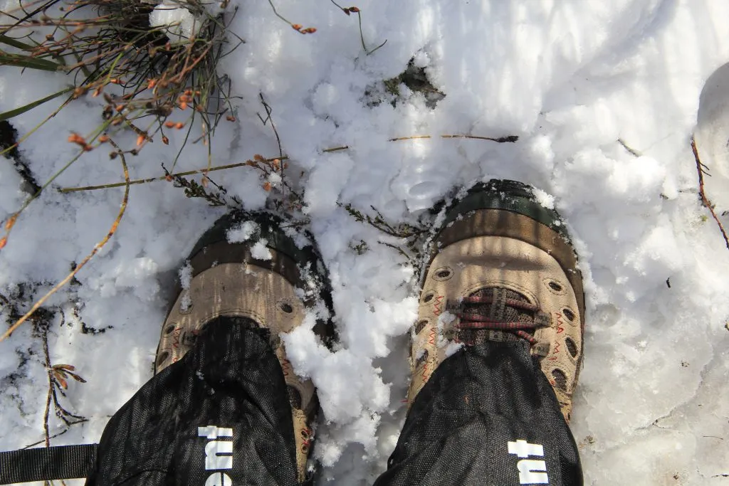 Image of boots standing in the snow.